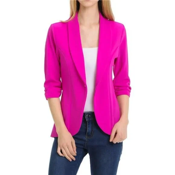 Women's 3/4 Sleeve Ruched Lightweight Work Office Blazer Jacket S-3XL - Picture 1 of 5